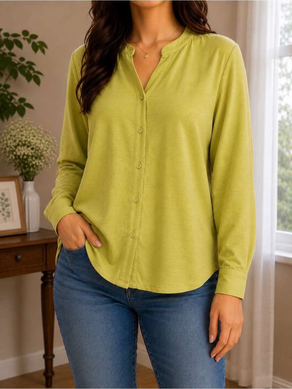 Eileen Fisher Light Green Relaxed Button-Front Top